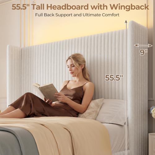 Queen Size 55" Tall Upholstered Bed Frame with Wingback Headboard, view 6