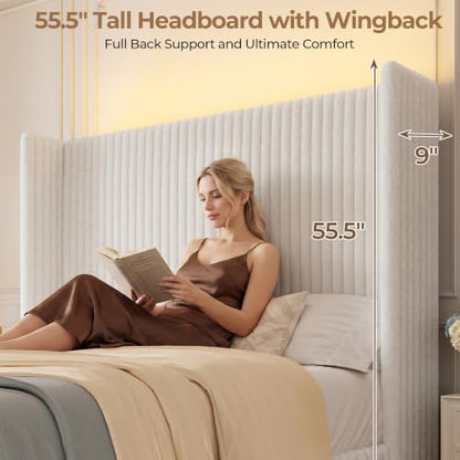 Queen Size 55" Tall Upholstered Bed Frame with Wingback Headboard, view 6