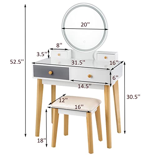 Vanity Set with Lighted Mirror, 3 Color Touch Screen Dimming Mirror, Adjustable Brightness, Bedroom Makeup Dressing Table with 4 Drawers and Cushioned Stool for Girls Women, White & Gray
