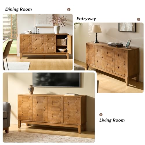 Mid Century Sideboard Buffet Cabinet with Solid Wood Legs, 60" Kitchen Storage Cabinet Credenza with 4 Doors and 2 Shelves, Accent Console Table (Seadrift)