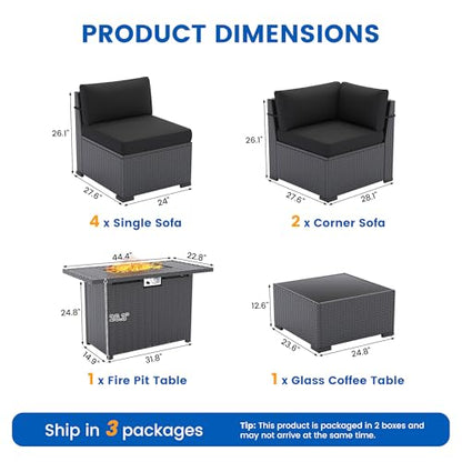 8 Piece Patio Furniture Set with 44” Fire Pit Table All-Weather Wicker Conversation Sectional Sofa & Coffee Table with Thickened Cushions for Backyard, Garden(Black)