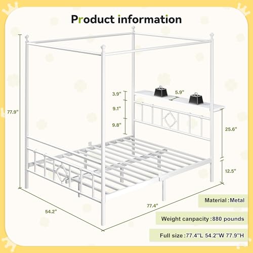Full Canopy Bed Frame with Storage Headboard,Noise-Free,White, view 3