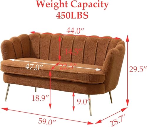 59" Small Modern Chenille Loveseat Sofa, 2-Seater Sofa with Gold Metal Legs, Small Couch with Flower Shaped Back for Living Room Bedroom Office (Caramel)