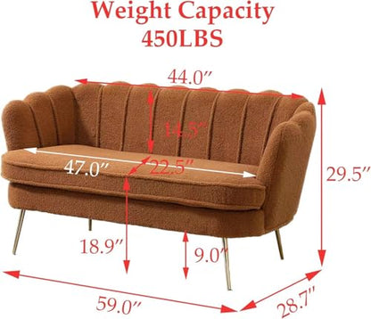 59" Small Modern Chenille Loveseat Sofa, 2-Seater Sofa with Gold Metal Legs, Small Couch with Flower Shaped Back for Living Room Bedroom Office (Caramel)
