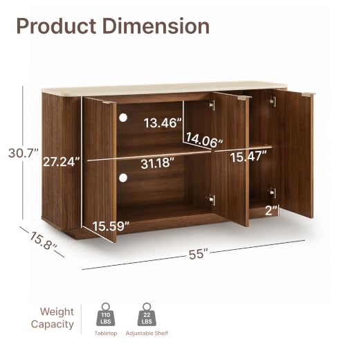 55" Fluted Buffet Sideboard with Storage Cabinet, Walnut, view 4