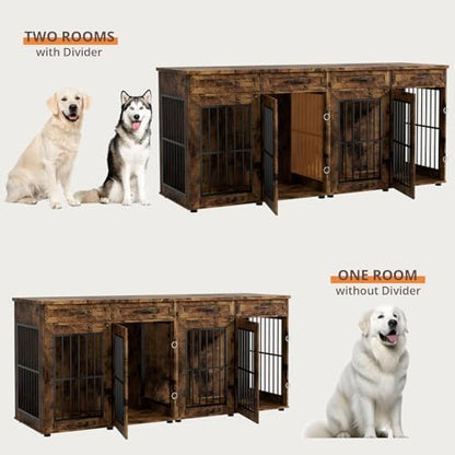 87" Dog Crate Furniture for 2 Dogs, Double Dog Cage Furniture, Brown, view 7