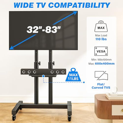 Mobile TV Cart Rolling TV Stand for 32-83 Inch Screens up to 110lbs, Portable TV Stand on Wheels with Height Adjustable Shelf, Outdoor TV Stands Mount for Home Office MAX VESA 600x400mm, Black