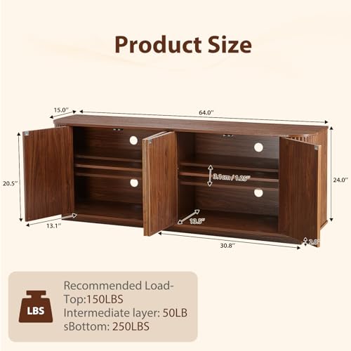 64'' Sideboard Buffet Cabinet, Wood Entertainment Center Modern TV Stand, view 3