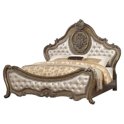 Ragenardus Queen Bed Synthetic Leather Upholstered Headboard Vintage Oak Carved Wood Frame Elegant Bedroom Furniture Luxury Design Sturdy Construction Classic Style Timeless Comfort