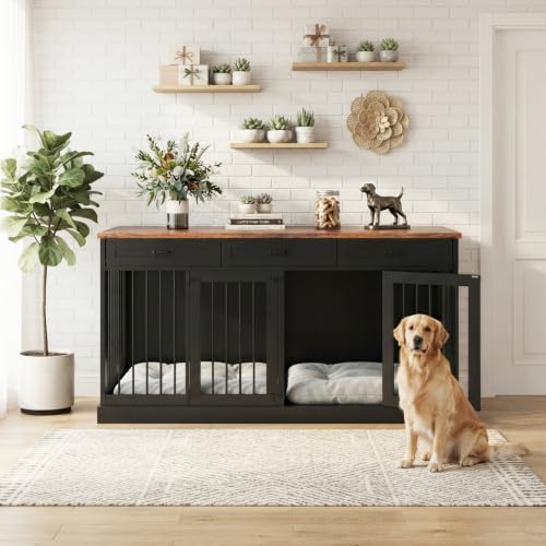 71" Double Dog Crate Furniture TV Stand with Removable Divider & 3 Drawers, view 7