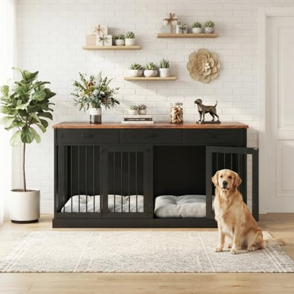 71" Double Dog Crate Furniture TV Stand with Removable Divider & 3 Drawers, view 7