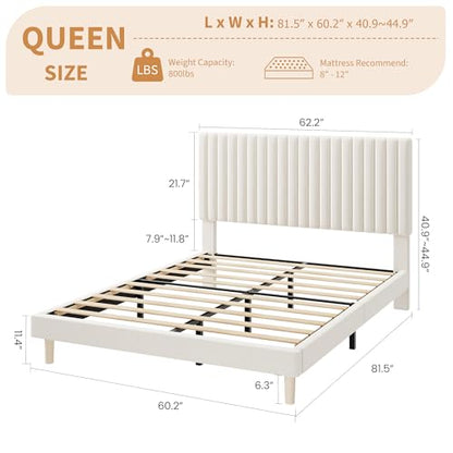 Queen Bed Frame with Adjustable Headboard, Velvet Upholstered Platform Bed, view 3