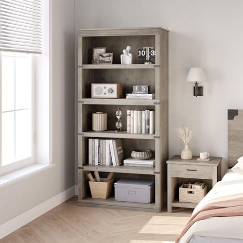 5 Tier Bookcase, Farmhouse Book Shelf with Storage Open Display Bookshelves, 67.4" Tall Book Case Wooden 5 Shelf Bookcase Home Decor Furniture for Home Office, Living Room, Bed Room - Grey