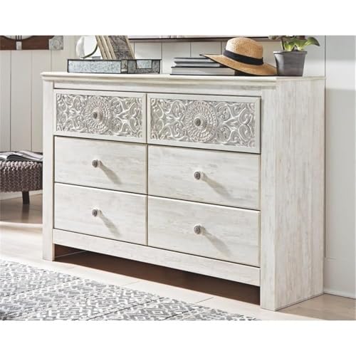 Signature Design by Ashley Paxberry Boho 6 Drawer Dresser, Smooth-gliding Faux Laminate Lined Drawers, Wood, 61.26" W x 15.83" D x 40" H, Whitewash