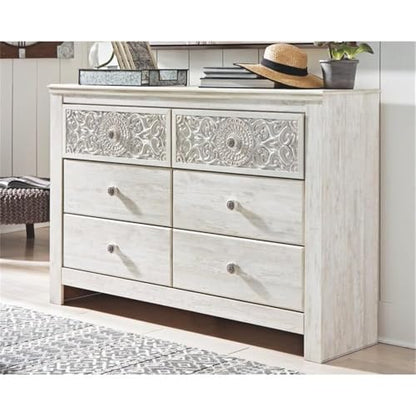 Signature Design by Ashley Paxberry Boho 6 Drawer Dresser, Smooth-gliding Faux Laminate Lined Drawers, Wood, 61.26" W x 15.83" D x 40" H, Whitewash