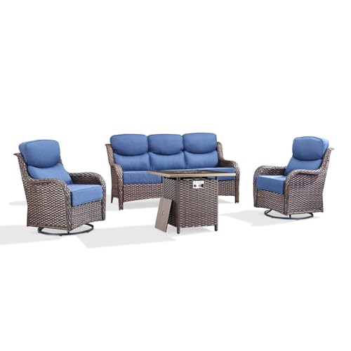 Luxury Patio Furniture Set with 6-inch Thick Cushion, Outdoor Furniture with Fire Pit Table, Swivel Chairs, Sofa, 4pcs Wicker Conversation Set for Deck Yard and Poolside(Brown Wicker | Blue Cushion)