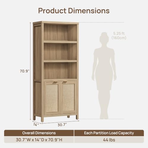 Rattan Bookshelf with Doors, Adjustable Shelves for Living Room, view 7