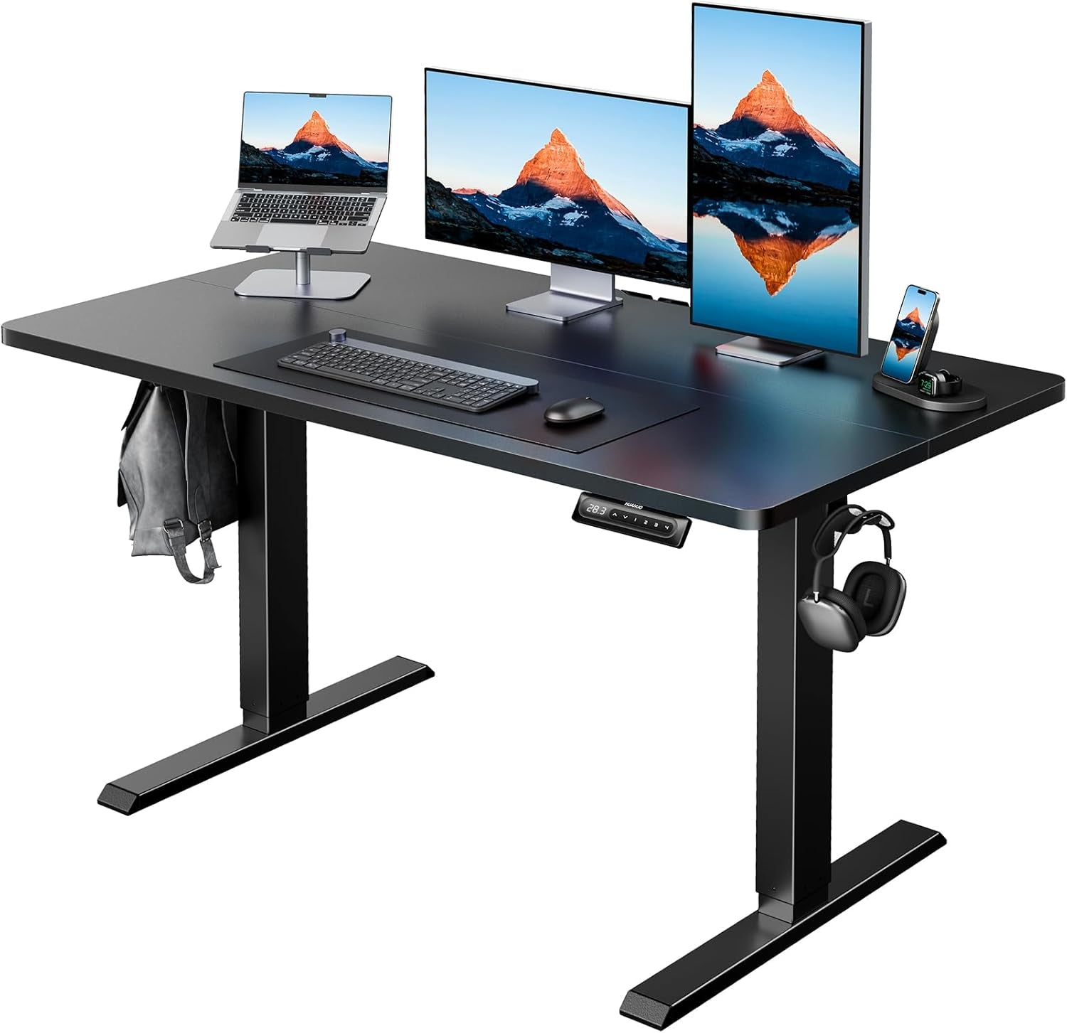 48" X 24" Electric Standing Desk Adjustable Height, 4 Memory Height Settings, Headphone Hook, Cable Manager, Sit Stand up Desk for Home Office & Computer Workstation, Black