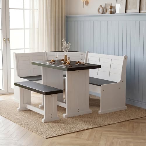 Corner Breakfast Nook Dining Set with Storage, L-Shape Kitchen Table with 2 AC Outlets, Space-Saving Bench Seats 5, Scratch & Heat Resistant