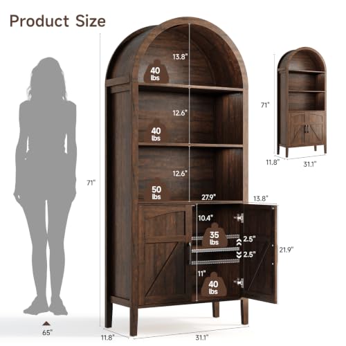 Brown 5-tier arched bookshelf with door and adjustable shelves, view 3