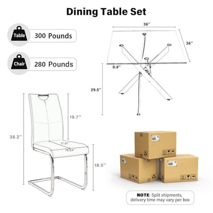 36-Inch Square Glass Dining Table Set with 4 Faux Leather High-Back Chairs - Modern Metal Cross-Leg Table with Comfortable C-Leg Seats for Modern Home Decor(Gray&Gold)
