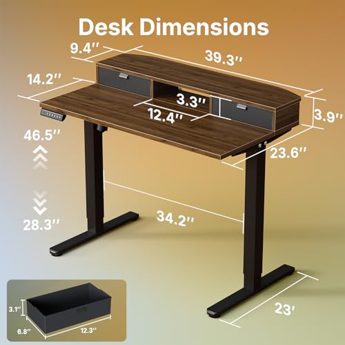40 x 24 inch Small Electric Standing Desk with 2 Drawers, C-Clamp Mount Compatible, Height Adjustable Sit Stand Desk, Home Office Stand Up Desk with 4 Memory Height Settings, Walnut