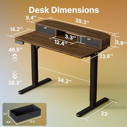 40 x 24 inch Small Electric Standing Desk with 2 Drawers, C-Clamp Mount Compatible, Height Adjustable Sit Stand Desk, Home Office Stand Up Desk with 4 Memory Height Settings, Walnut