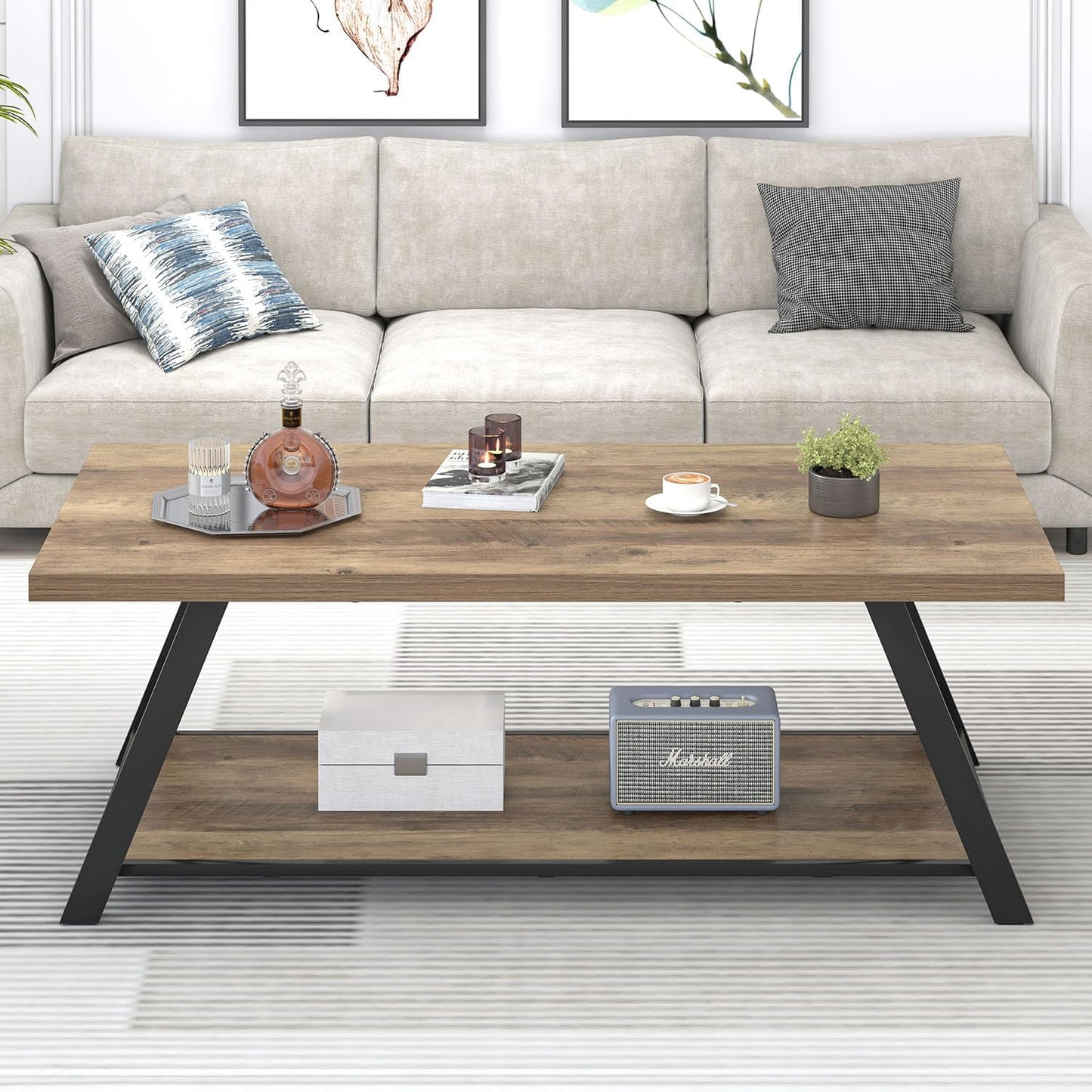 Modern Coffee Table, Rectangle Center Table for Living Room with Storage Shelf, Industrial Wood and Metal Cocktail Tea Table, Rustic Oak, 47 Inch