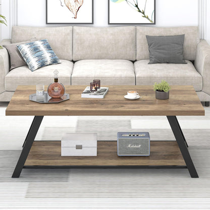 Modern Coffee Table, Rectangle Center Table for Living Room with Storage Shelf, Industrial Wood and Metal Cocktail Tea Table, Rustic Oak, 47 Inch