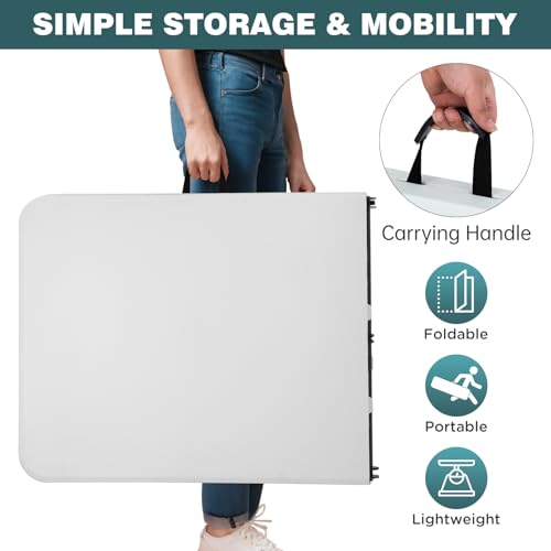 6 Foot Outdoor Dining Table, Foldable Portable Rectangular Plastic Folding Table with Built in Carrying Handle for Party and Wedding Use, White
