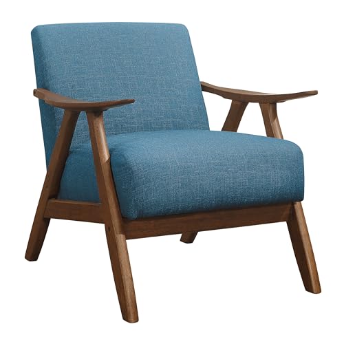 Mid Century Modern Accent Chair with Solid Wood Frame in Walnut Finish, Upholstered Living Room Lounge Arm Chair, Thick and Comfy Innerspring Seat Cushion, Linen-Look Fabric, Blue