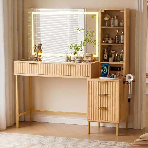 48" Fluted Makeup Vanity with Large LED Mirror and Glass Top, Oak, view 2
