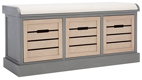 SAFAVIEH Home Collection – Briar 3-Drawer Upholstered Storage Bench, Farmhouse Entryway Accent Bench with Cushion Top, Distressed Grey Frame & Sand Drawer Fronts (BCH5700C)