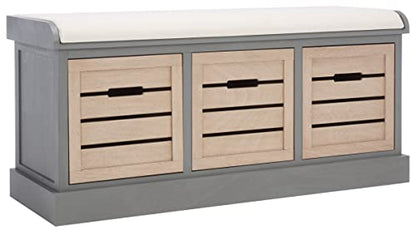 SAFAVIEH Home Collection – Briar 3-Drawer Upholstered Storage Bench, Farmhouse Entryway Accent Bench with Cushion Top, Distressed Grey Frame & Sand Drawer Fronts (BCH5700C)