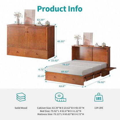 Cabinet Murphy Bed, Queen Size Murphy Chest Bed w USB Charging Station, Wall Cabinet Cube Beds with Storage Drawer, Modern Wooden Beds for Apartment Bedroom - No Mattress, Cherry