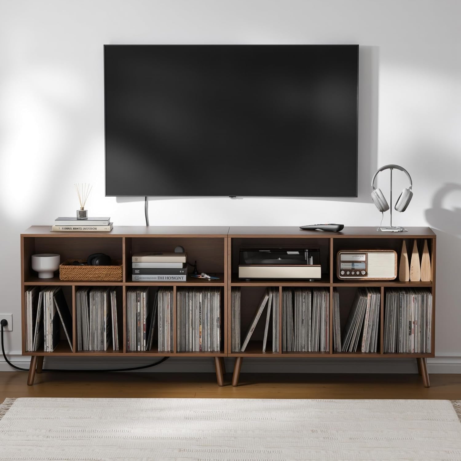 Record Player Stand with Vinyl Storage Cabinet, Wood Turntable Table Open Shelf Holder up to 350 Albums Cube Storage Organizer for Living Room, Office, Brown