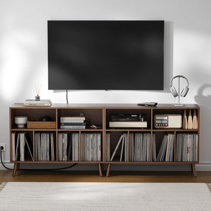 Record Player Stand with Vinyl Storage Cabinet, Wood Turntable Table Open Shelf Holder up to 350 Albums Cube Storage Organizer for Living Room, Office, Brown