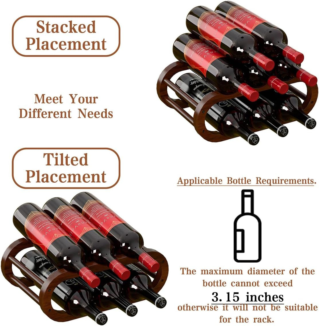 Wine Rack – Small Countertop Wine Rack & Wine Bottle Holder for Cabinet and Countertop, Stylish Natural Wood Wine Holder (6-Bottle