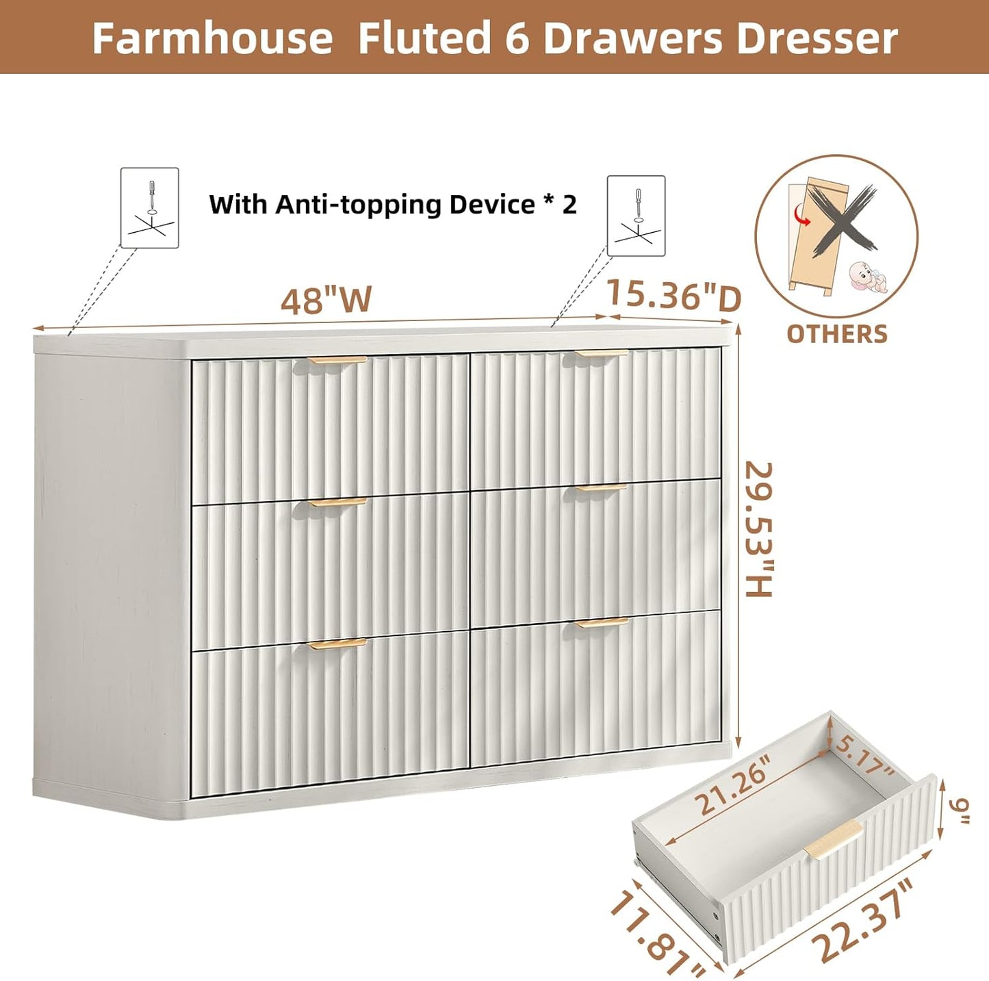 Fluted 6 Drawers Dresser, 48" Wide Modern Chest of Drawers with Wood Grain Top, Curved Profile Design, Dresser TV Stand, Wood Drawer Organizer for Bedroom, Living Room, Antique White