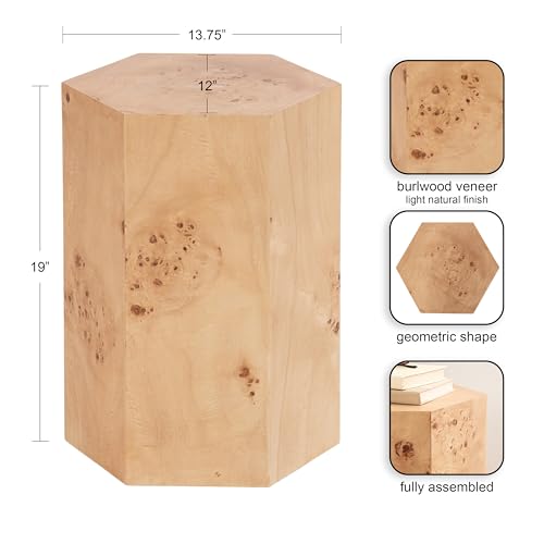 Berkett Hexagon Burlwood Side Table, 14 x 12 x 19, Natural Wood, Transitional End Table for Use as Burlwood Nightstand, Living Room Pedestal Table, or Dorm Room Vanity Stool