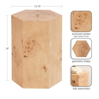 Berkett Hexagon Burlwood Side Table, 14 x 12 x 19, Natural Wood, Transitional End Table for Use as Burlwood Nightstand, Living Room Pedestal Table, or Dorm Room Vanity Stool