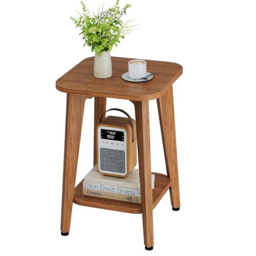 Side Table, 2-Tier Square End Table with Storage Shelf, Nightstand with Tapered Legs, Living Room, Bedroom, Rustic Walnut