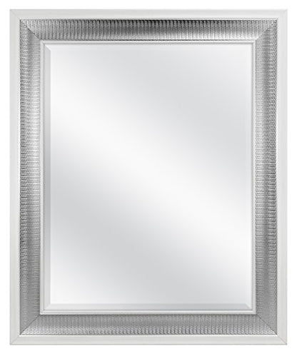28.5x34.5 Large Wall Mirror, White Frame with Woven Silver Detail & Beveled Detail Mirror, Vertical & Horizontal Wall Hanging Mirror for Bathroom, Bedroom & Livingroom