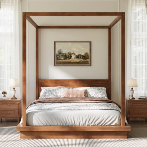 Queen Size Canopy Bed with Headboard (Brown), view 2