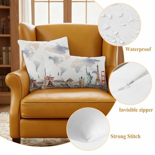 World Map Waterproof Outdoor Pillow Covers Set of 2 Home Decor, Famous Building Tourism Landscape Pillowcase Patio Pillow Covers for Couch Bench Patio Furniture Garden 26x26in