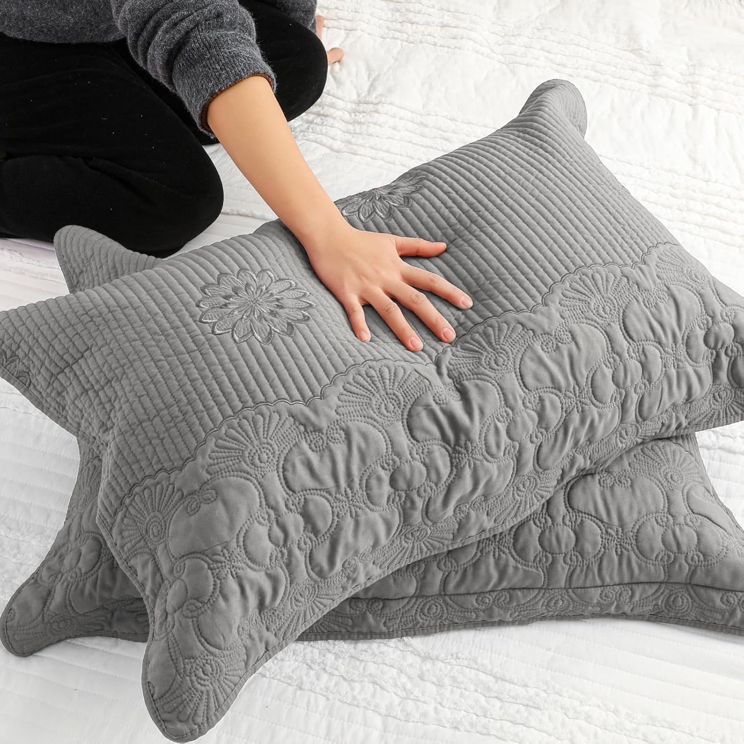 Pillow Shams King Size Set of 2, Ultra Soft Breathable Quilted Embroidery Pillow Cases 20 X 36 Inches for Sleeping, Decorative Microfiber Bed Pillowcases Easy Care, Gray