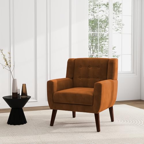 Accent Chair, Velvet Upholstered Armchair for Living Room, Modern Club Arm Chairs Comfy Single Sofa Button Tufted Bedroom Reading Seat - Orange, Set of 1