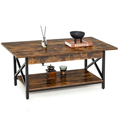 Industrial Coffee Table, 2-Tier Wood Cocktail Tea Table with Storage Shelf and X-Shape Steel Frame, Rectangle Sofa Side Accent Table for Living Room Home Office, Rustic Brown