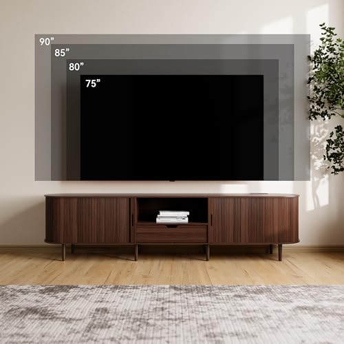 86.6" Fluted TV Stand with Power Outlet for TVs up to 90", TV Console with Adjustable Shelves and Sliding Door,Mid Century Modern Entertainment Center for Living Room,Bedroom (Walnut)
