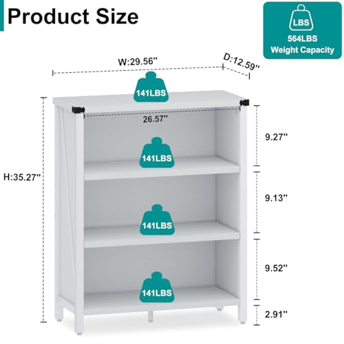 White Bookshelf, 3-Tier Wooden Bookcase with Adjustable Shelves, Small Farmhouse Floor Book Cases/Shelves with Open Storage for Home Office School Library Bedroom Kids